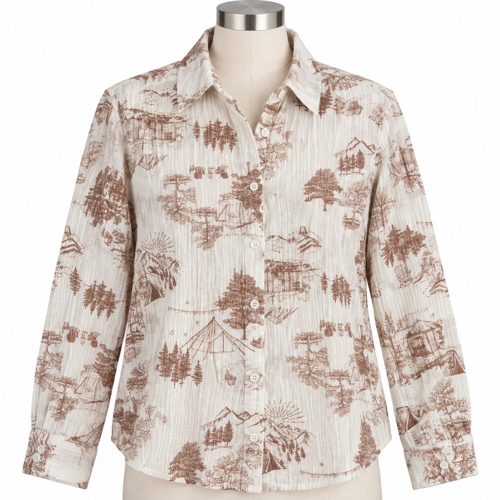 G by Giuliana Brown Toile Print Cotton Button Down Shirt Women's Large L